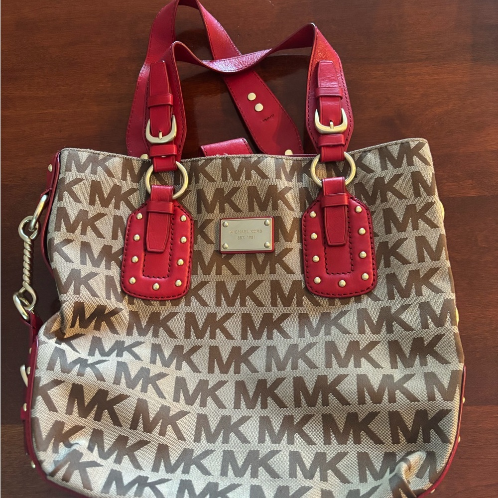 Michael Kors Red and Brown Tote Bag with Monogram Print - Picture 5 of 7